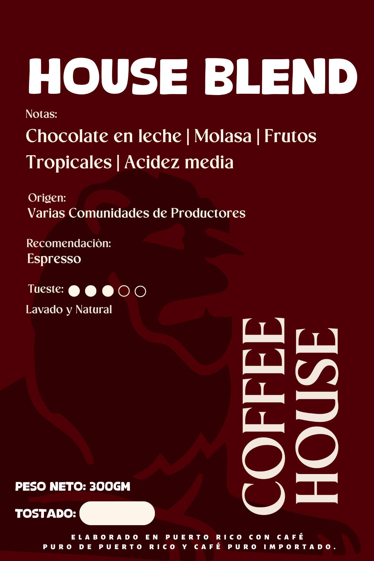 Etiqueta Coffee House House Blend — notas de chocolate en leche, molasa y frutos tropicales, 300 g