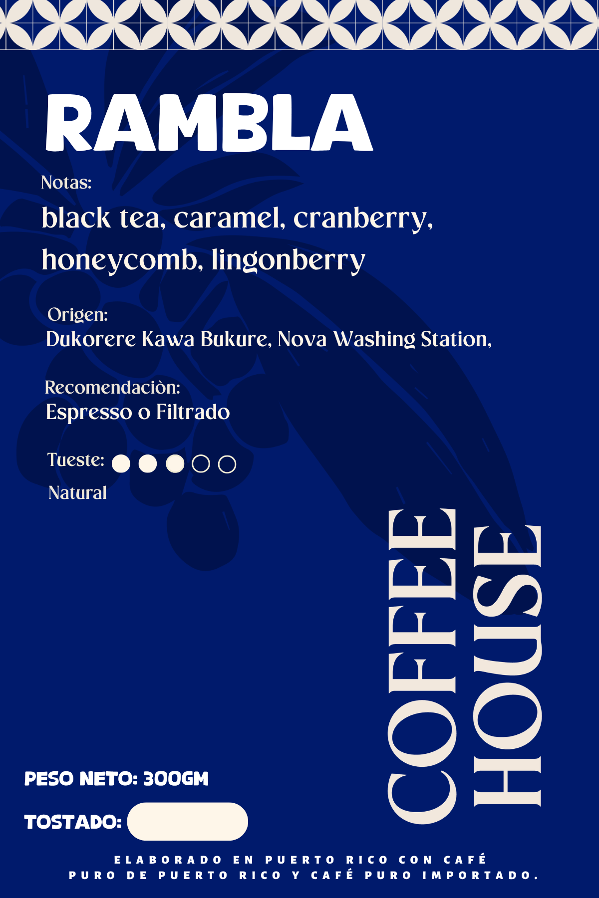 Etiqueta Coffee House Rambla — notas de té negro, caramelo y cranberry, proceso natural, 300 g