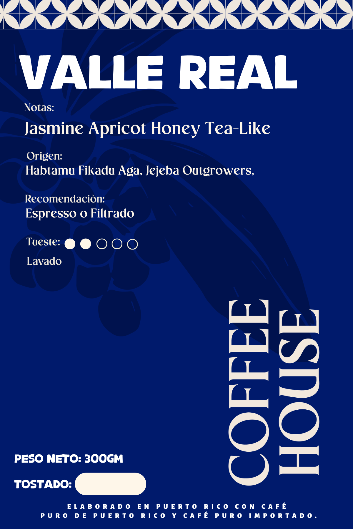 Etiqueta Coffee House Valle Real — notas de jazmín, albaricoque y miel, proceso lavado, 300 g